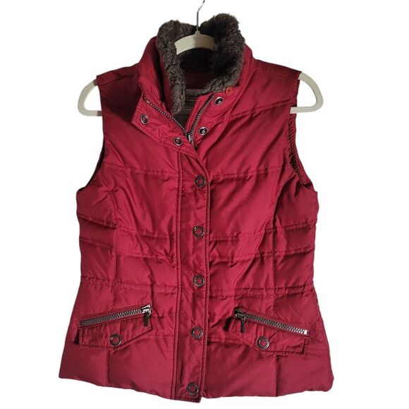 Eddie Bauer Goose Down Quilted Vest Women's Size Small Red 700 Fill Faux Fur - Picture 1 of 8